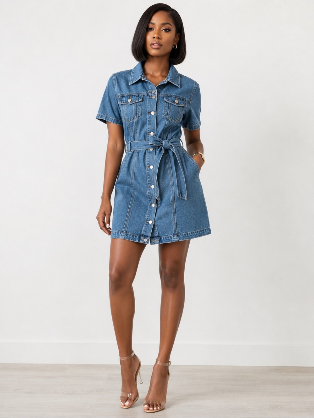 Fashion Nova Blue Denim Mini Shirt Dress with Belt